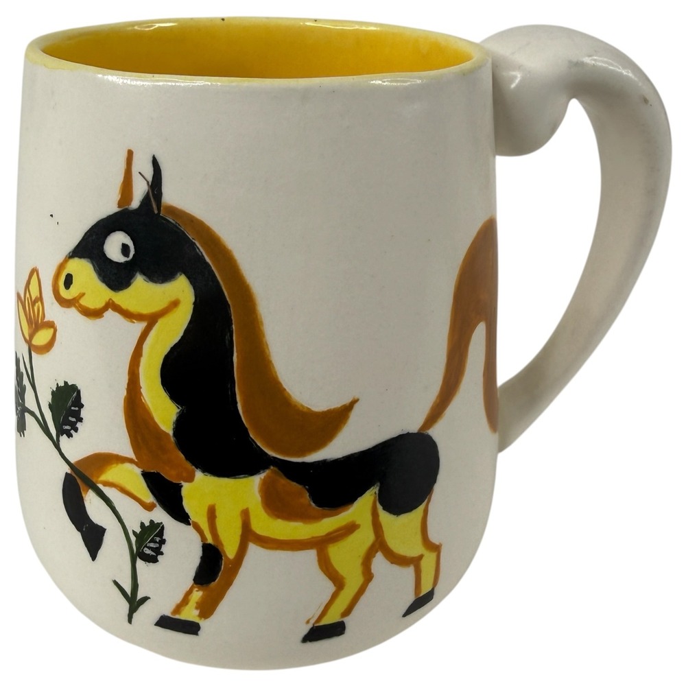White Hand Painted Horse Coffee Mug Ceramic Yellow Interior Black Flower